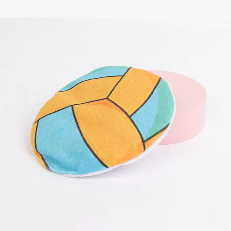 Interactive flying disc cat toy with plush exterior, catnip and crinkle sound for indoor cats