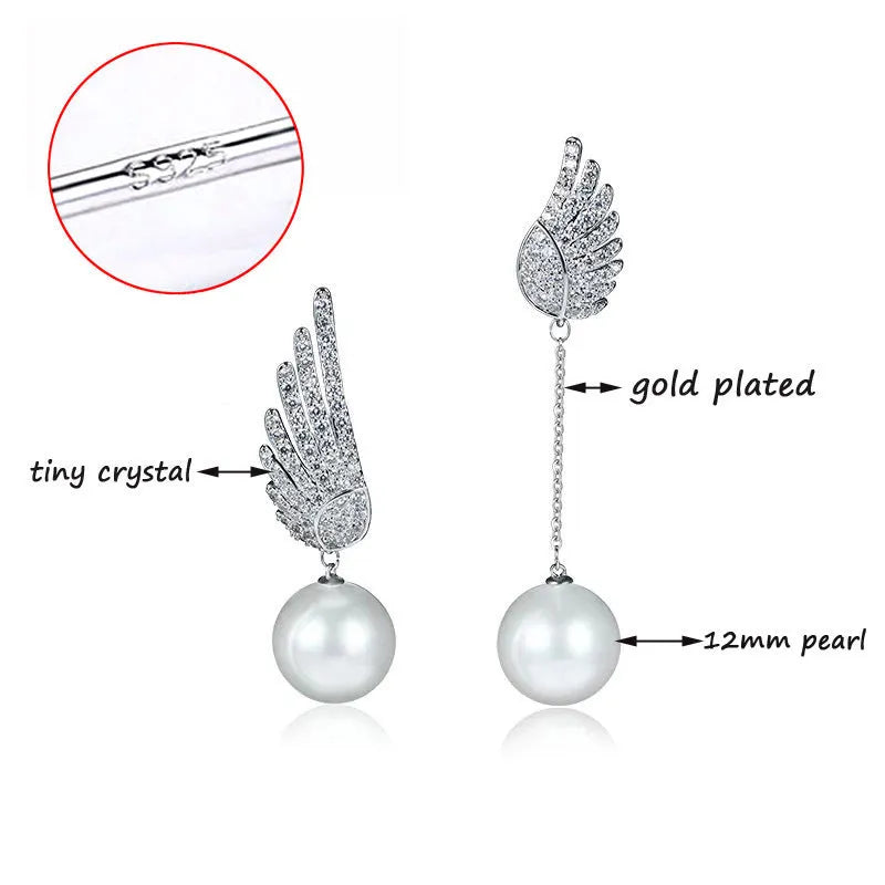 Silver angel wing earrings with diamond-treated metal and gold-plated inlaid gemstones in platinum colour