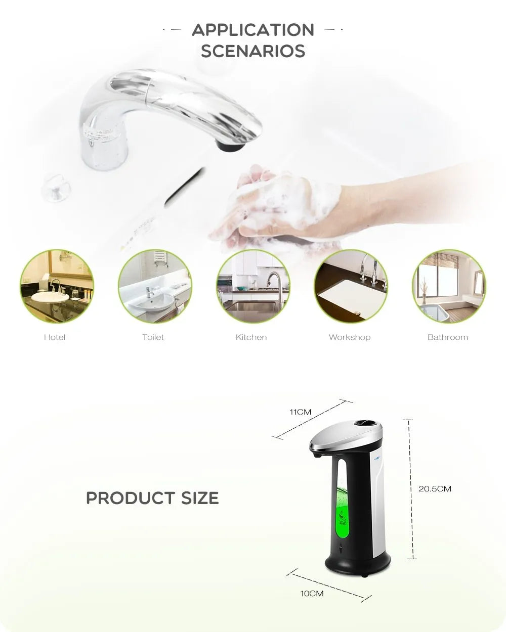 Black automatic sensor-operated liquid soap dispenser with 400ml capacity on a bathroom counter.
