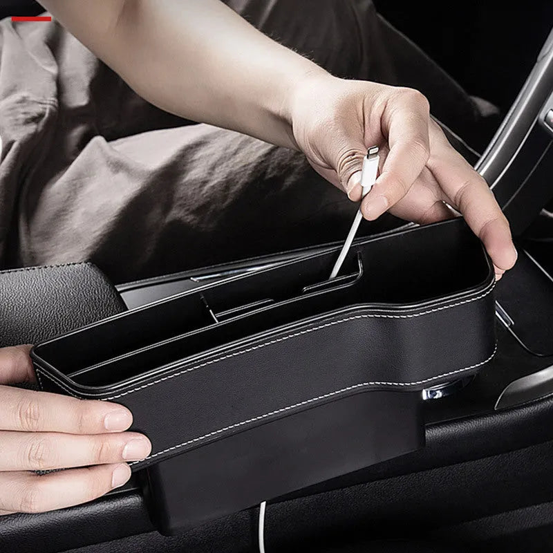 Black leather car seat gap storage box with cup holder and USB cable for driver side