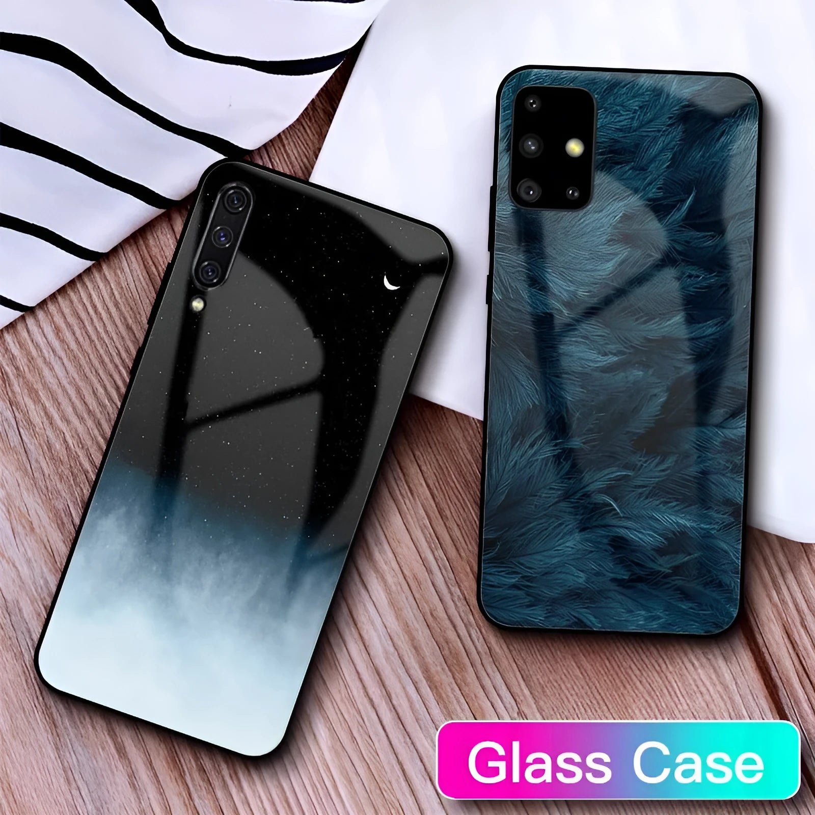 Simple black silicone phone case shown next to a navy blue version, for Samsung and iPhone models.