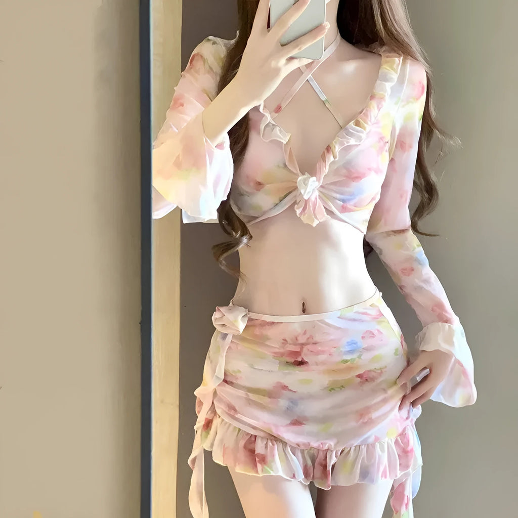 Women's floral pattern bikini swimsuit set in cherry blossom powder colour
