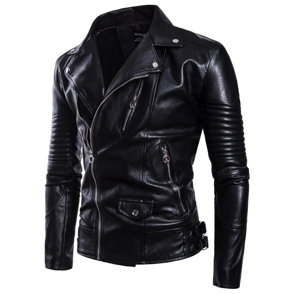 Men's black sheepskin leather jacket with suit collar and zipper front, regular fit, on display