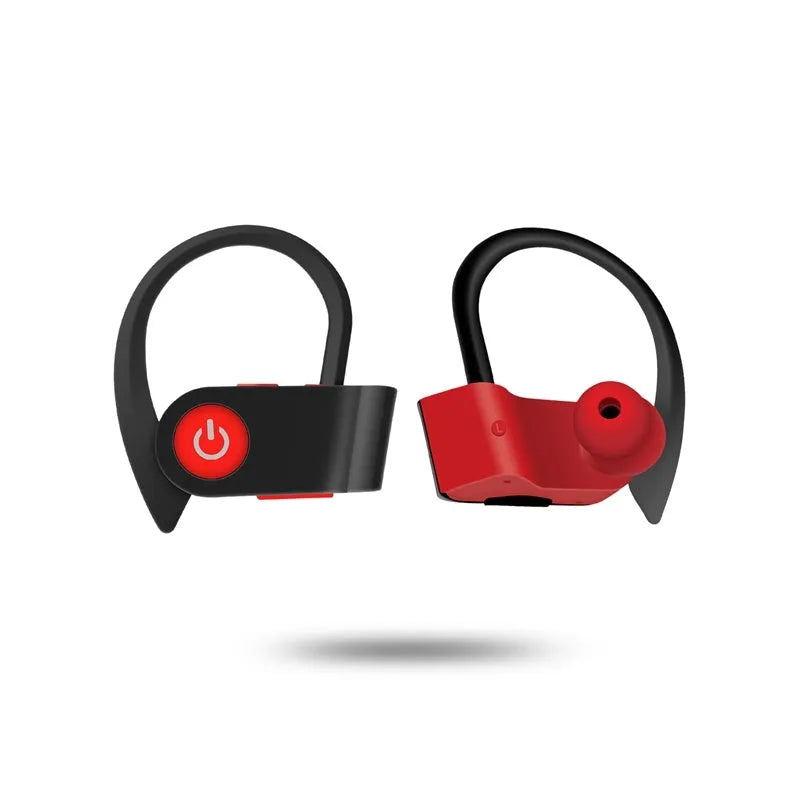 V5.0 Bluetooth wireless earphones with ergonomic design in black, grey, and red colour options