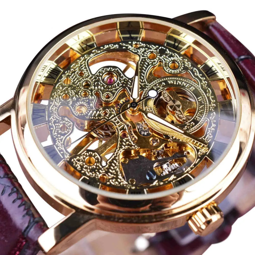 Men's automatic mechanical watch with 4cm dial and leather strap on a grey background