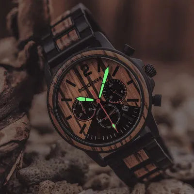 Custom engrave logo wood watch for men with natural solid wood case and stainless steel strap on brown background