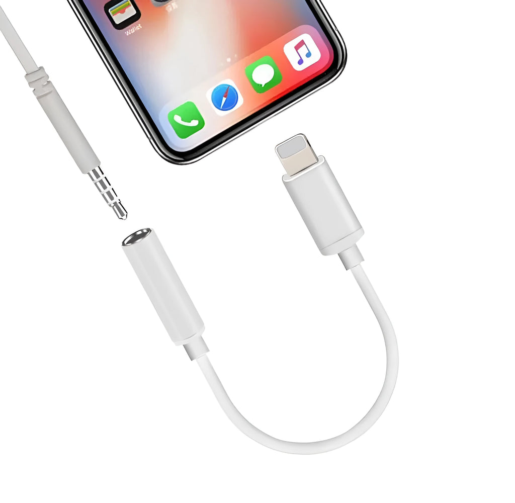 White Lightning to 3.5mm female headphone jack adapter for iPhone compatibility.