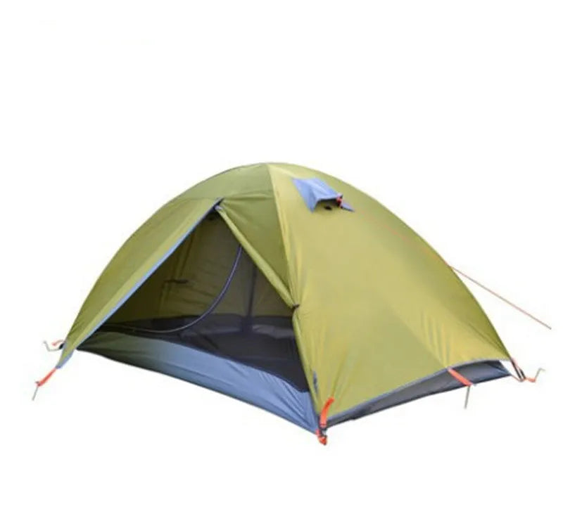 Double layer 2 person camping tent in grass green orange with 210T PU coated outer, 2100 Oxford cloth groundsheet and 8M glass fibre poles