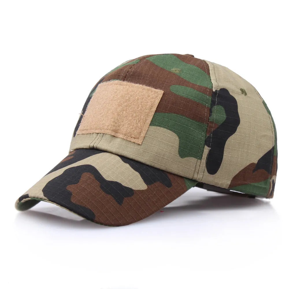 Velcro camouflage baseball cap with embroidered patch on polyester twill fabric, one size
