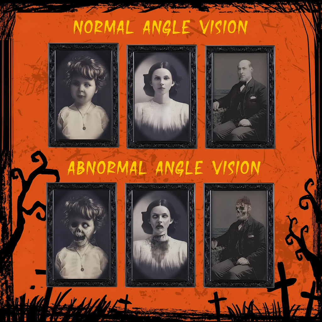 Halloween moving picture frame showing normal portrait that changes to ghost image at different angles