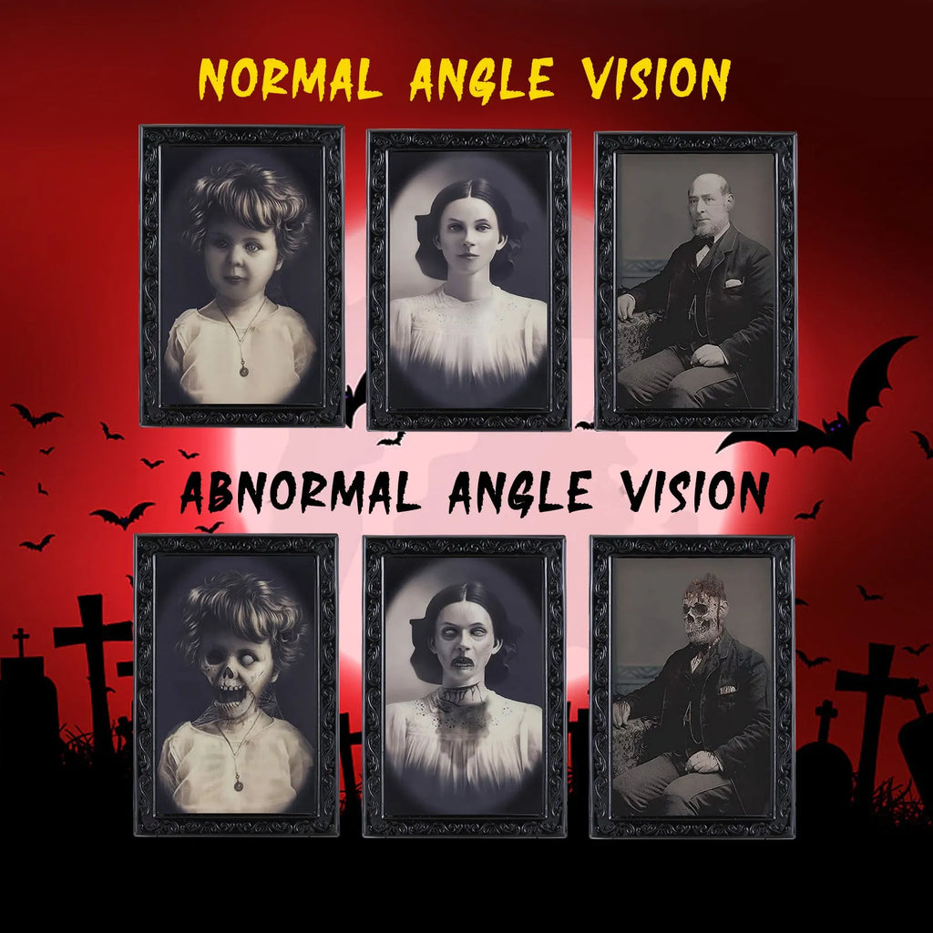 Halloween moving picture frame showing normal portrait that changes to ghost image at different angles