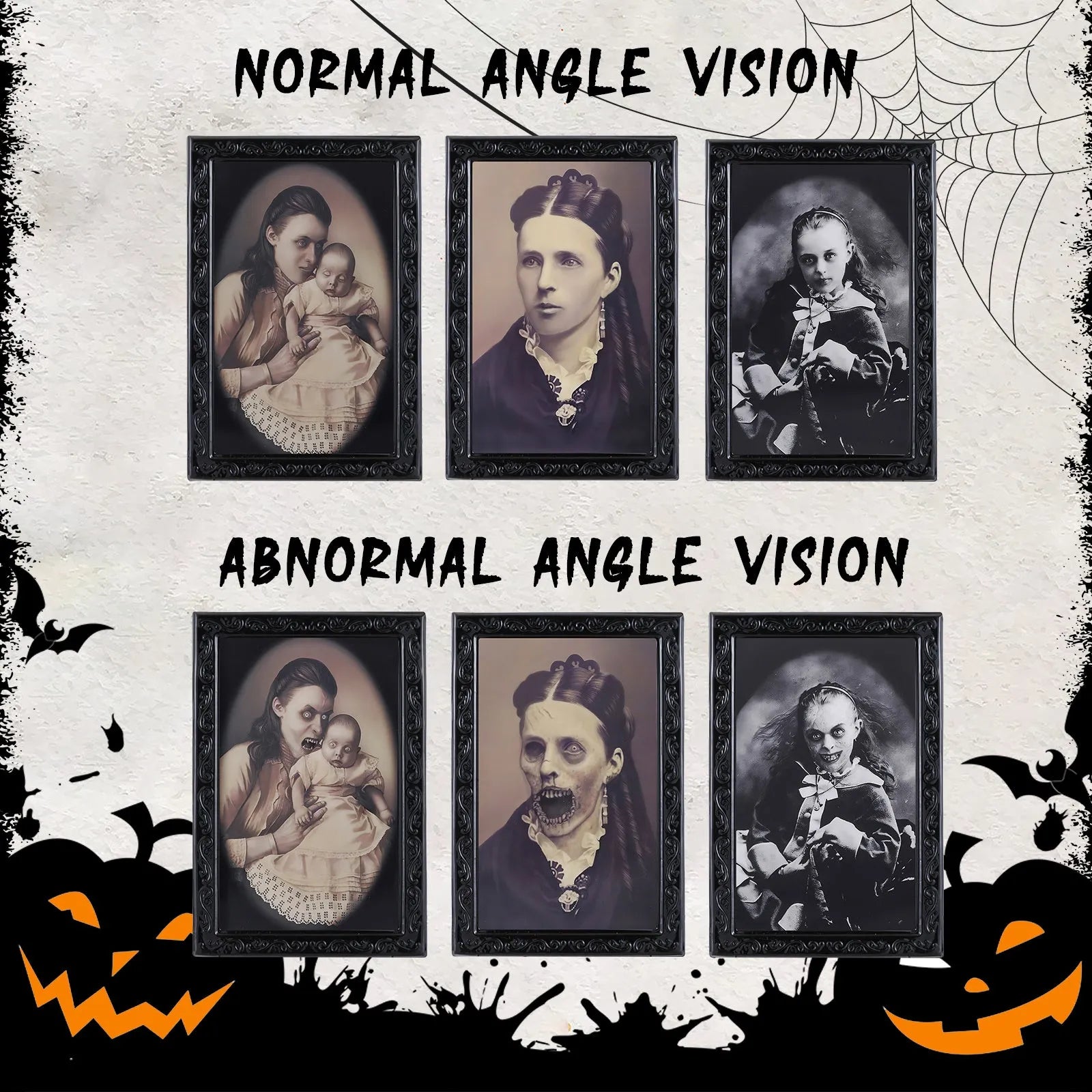 Halloween moving picture frame showing normal portrait that changes to ghost image at different angles