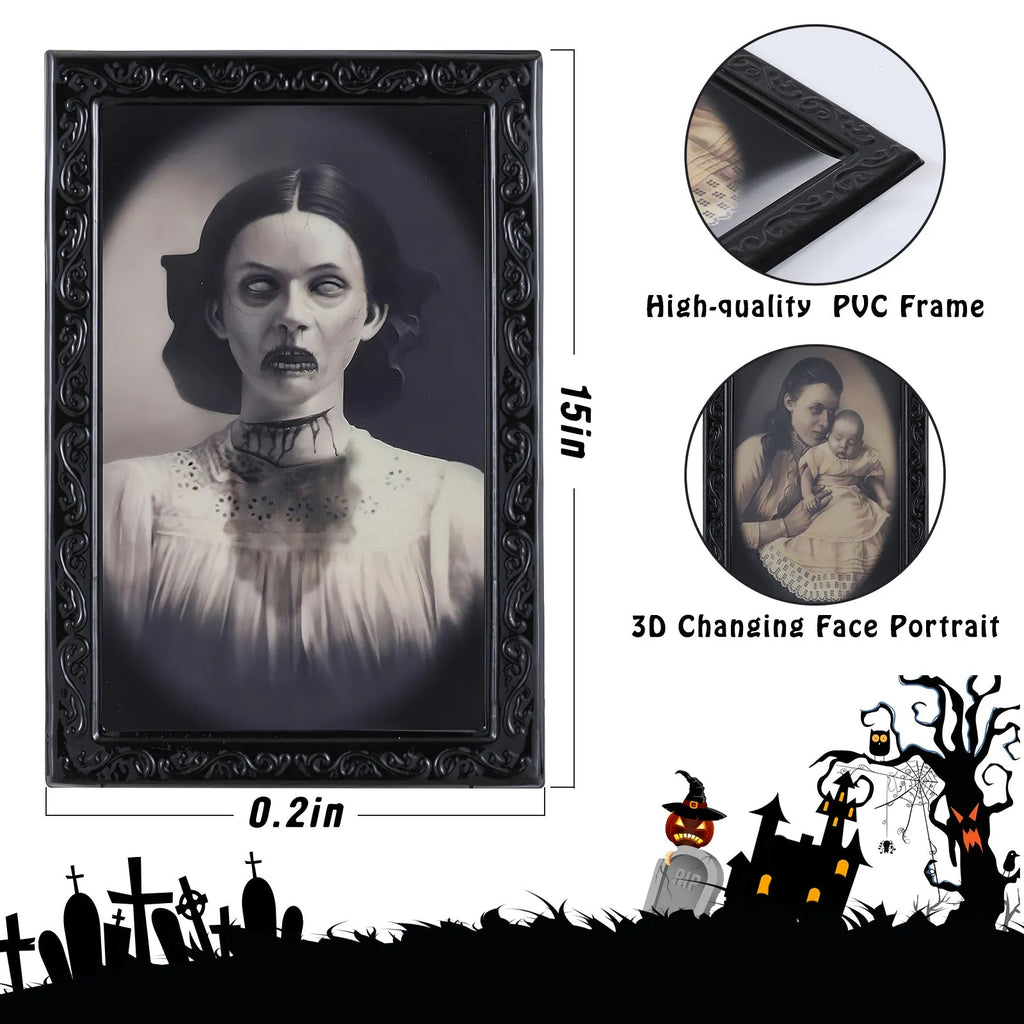 Halloween moving picture frame showing normal portrait that changes to ghost image at different angles