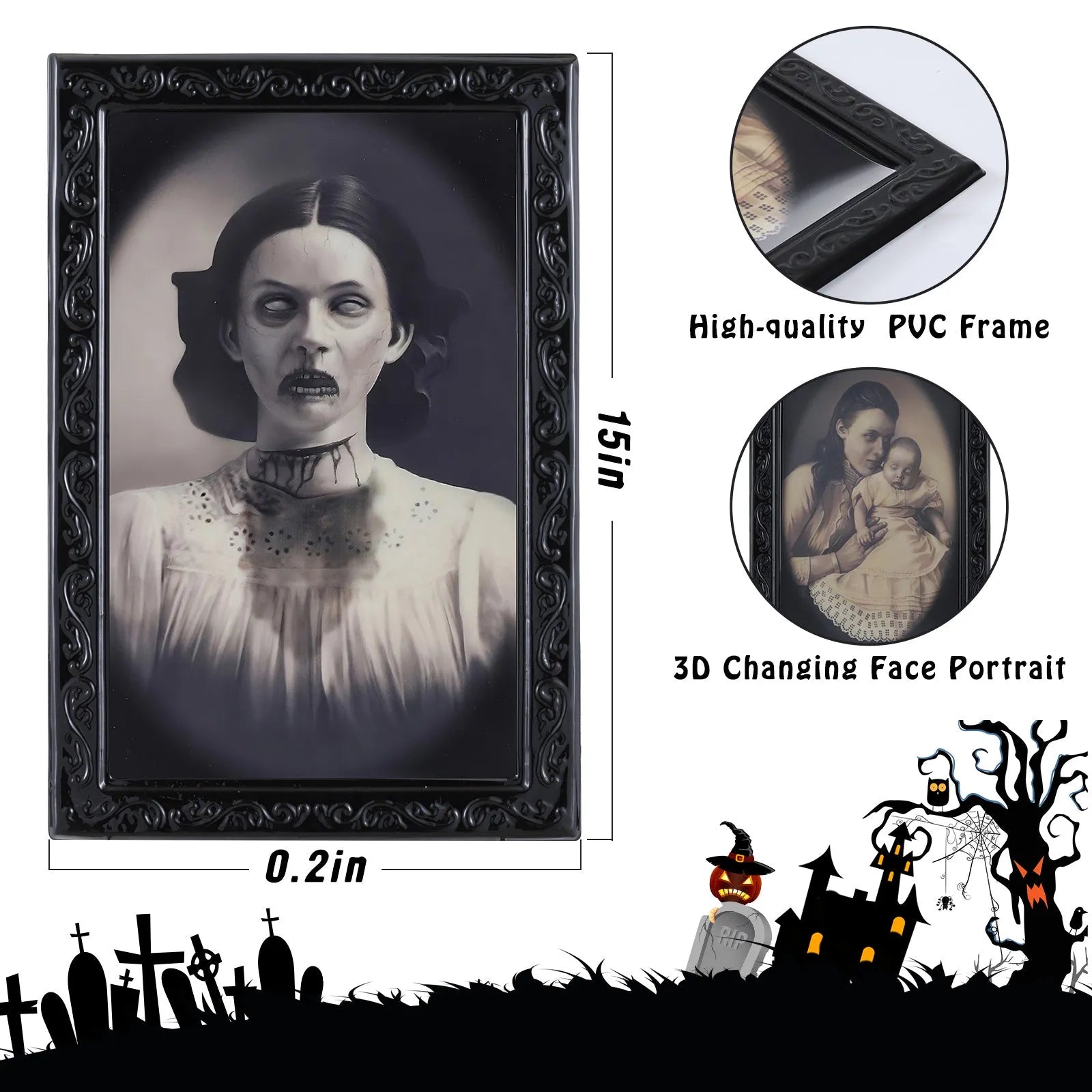 Halloween moving picture frame showing normal portrait that changes to ghost image at different angles