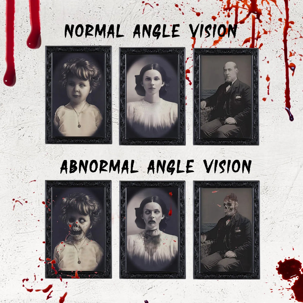 Halloween moving picture frame showing normal portrait that changes to ghost image at different angles