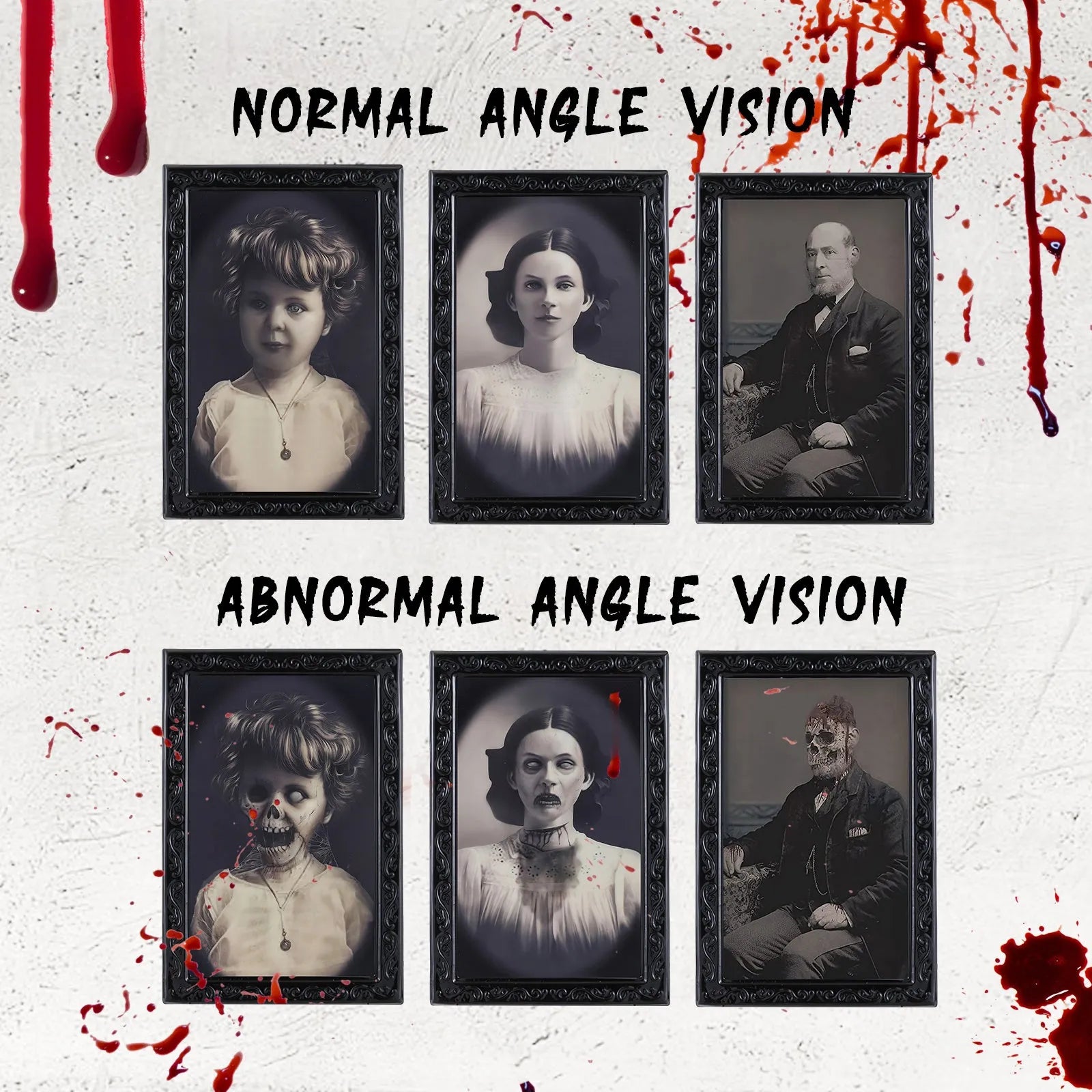 Halloween moving picture frame showing normal portrait that changes to ghost image at different angles