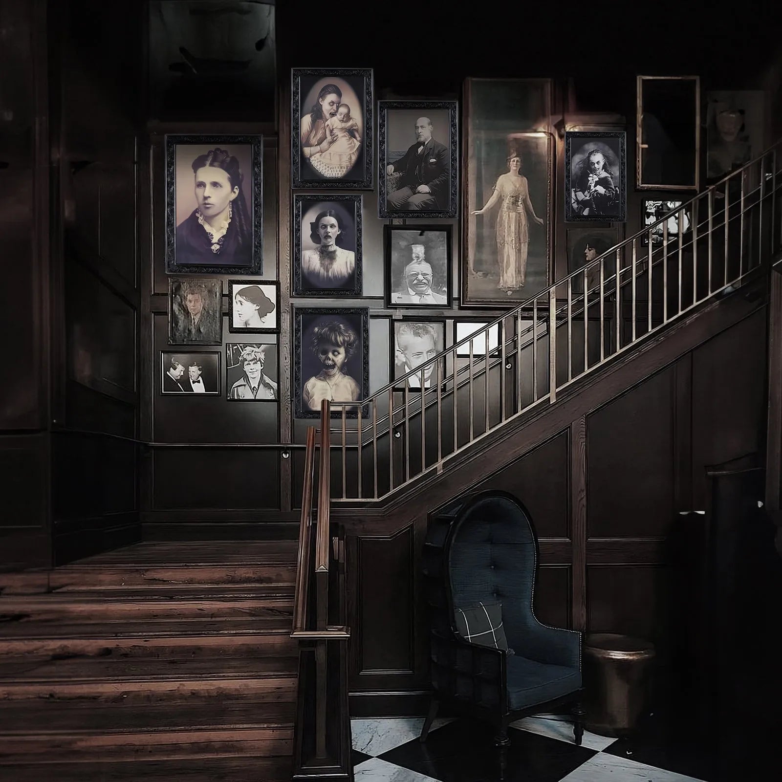 Halloween moving picture frame showing normal portrait that changes to ghost image at different angles
