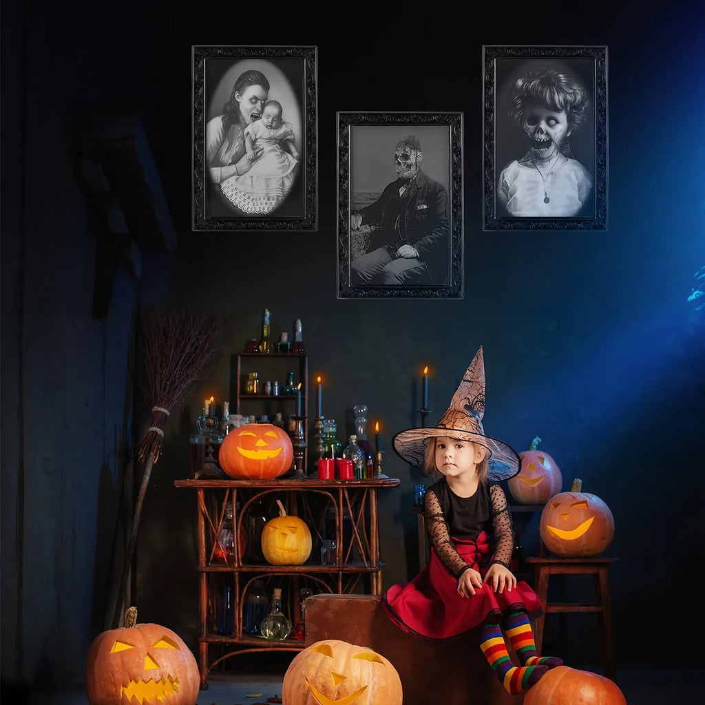 Halloween moving picture frame showing normal portrait that changes to ghost image at different angles