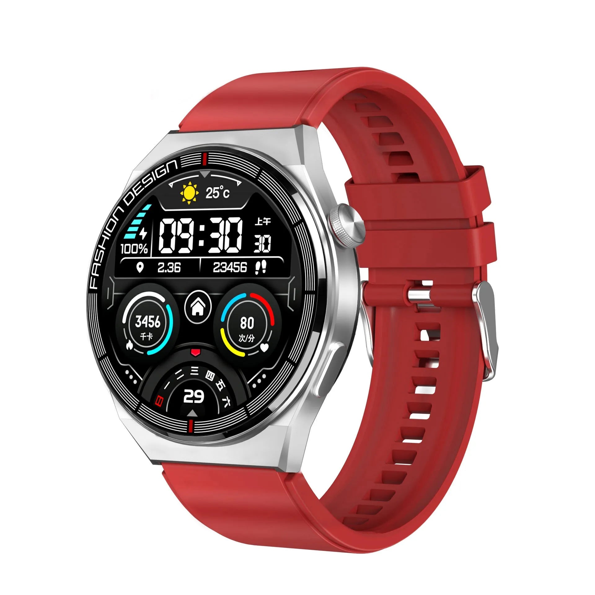 Black smartwatch with a silicone strap displaying a heart rate monitor on its 1.28-inch screen