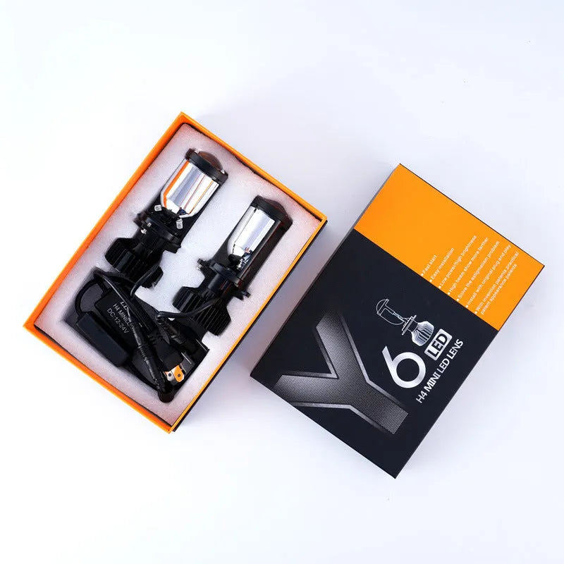 H4 far and near integrated LED headlight with aluminium alloy body and small lens, 12V IP65 rated