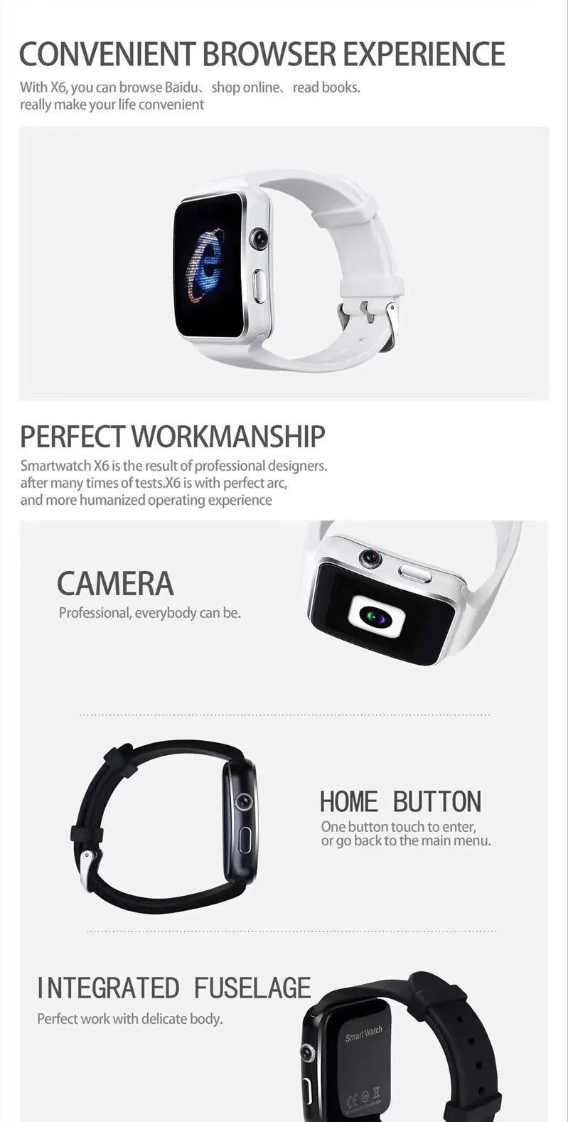 Smart watch with 1.54 inch touch screen and black silicone strap on a wrist