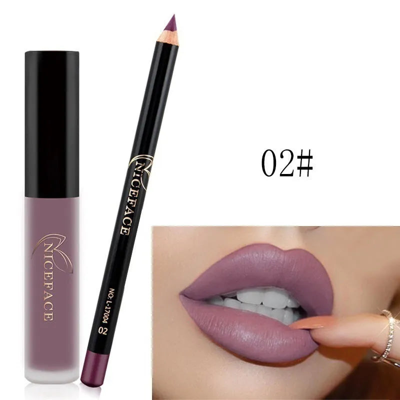 Matte lip gloss and freestyle lip pencil set in 12 colours with non-stick cup fade resistant formula