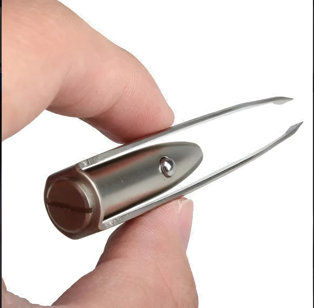 Stainless steel LED beauty tweezers with illuminated tip and push-button switch.