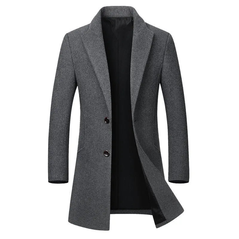 Men's long woolen trench coat in dark navy double-breasted with notch lapel