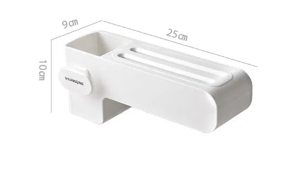 White plastic freestanding kitchen knife rack on a countertop.