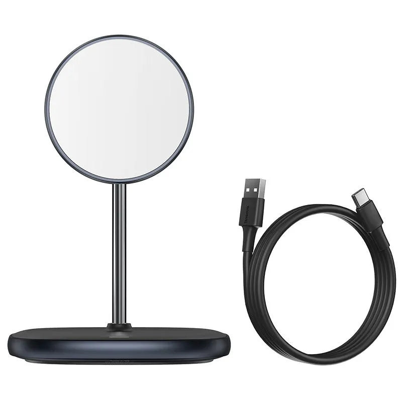 Black magnetic wireless charging stand for Apple iPhone 12 series on desktop