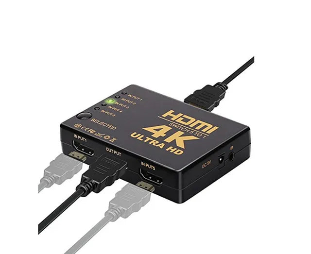 Black 5 in 1 out HDMI switcher with remote control and infrared cable