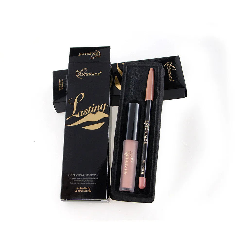 Matte lip gloss and freestyle lip pencil set in 12 colours with non-stick cup fade resistant formula