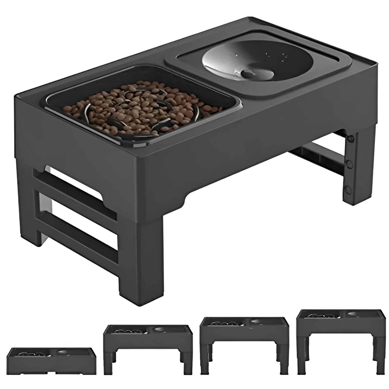 Adjustable height elevated dog bowl stand with slow feeder and water bowl in black
