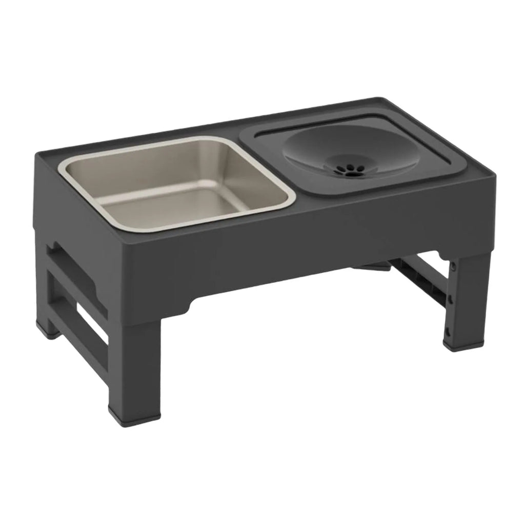 Adjustable height elevated dog bowl stand with slow feeder and water bowl in black