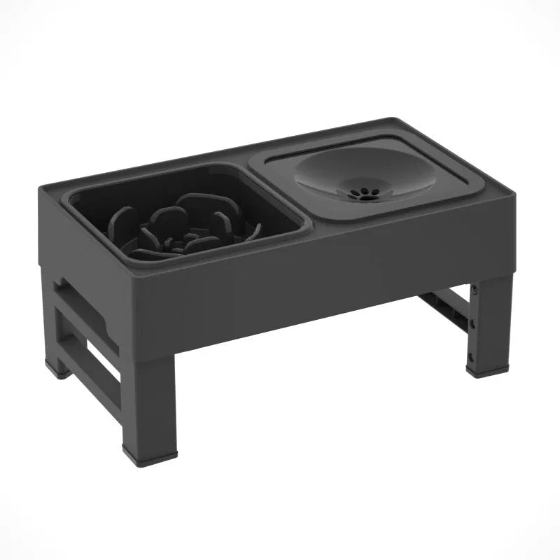 Adjustable height elevated dog bowl stand with slow feeder and water bowl in black