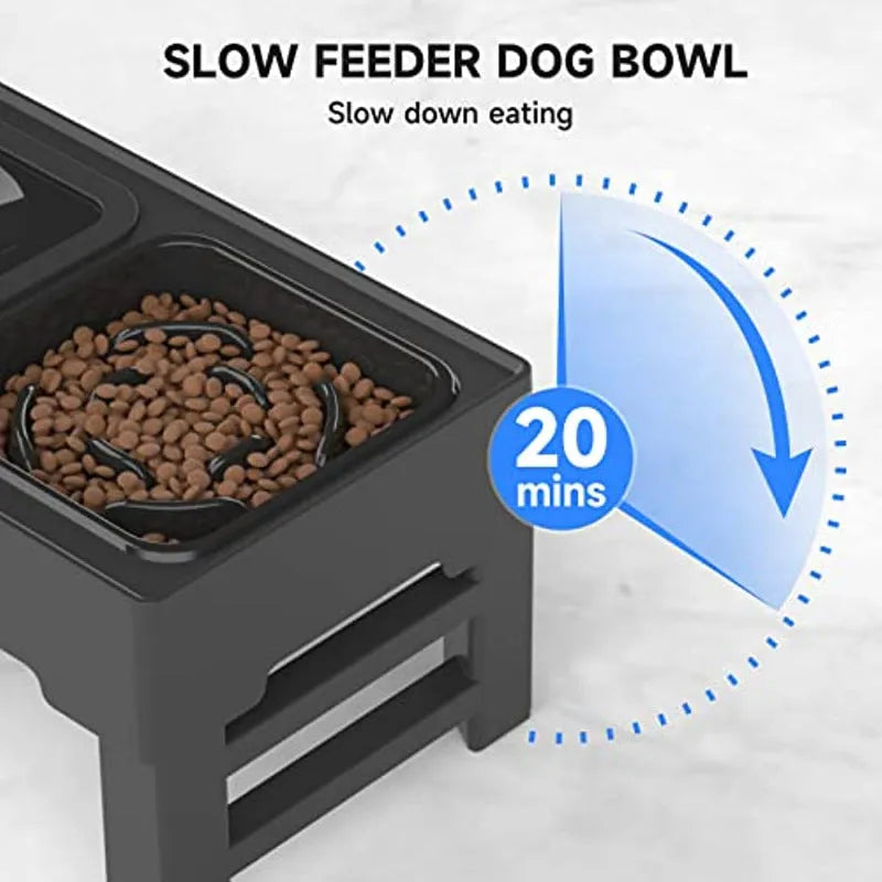 Adjustable height elevated dog bowl stand with slow feeder and water bowl in black