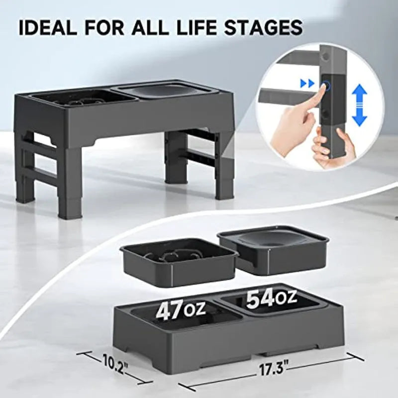 Adjustable height elevated dog bowl stand with slow feeder and water bowl in black