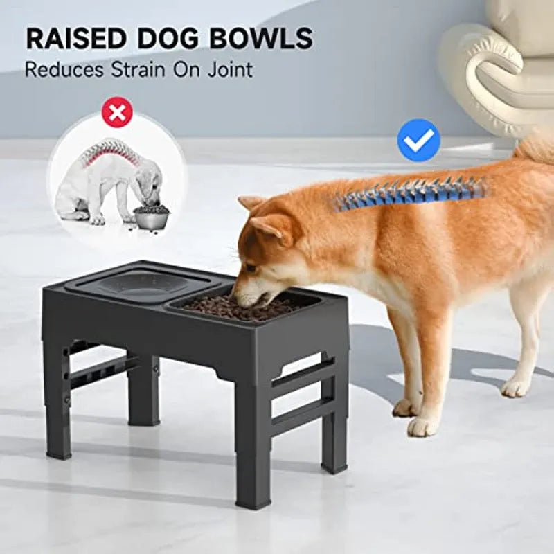 Adjustable height elevated dog bowl stand with slow feeder and water bowl in black