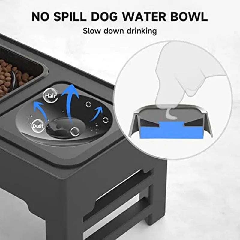 Adjustable height elevated dog bowl stand with slow feeder and water bowl in black