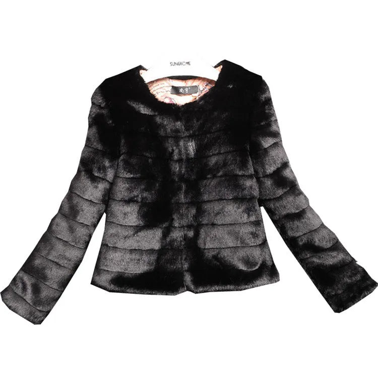 Women's short 40cm faux fur top in beige on a model.