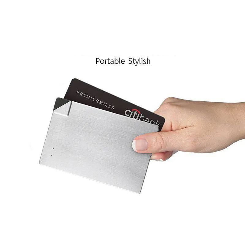 Silver slim graphene battery power bank showing side profile and dimensions.