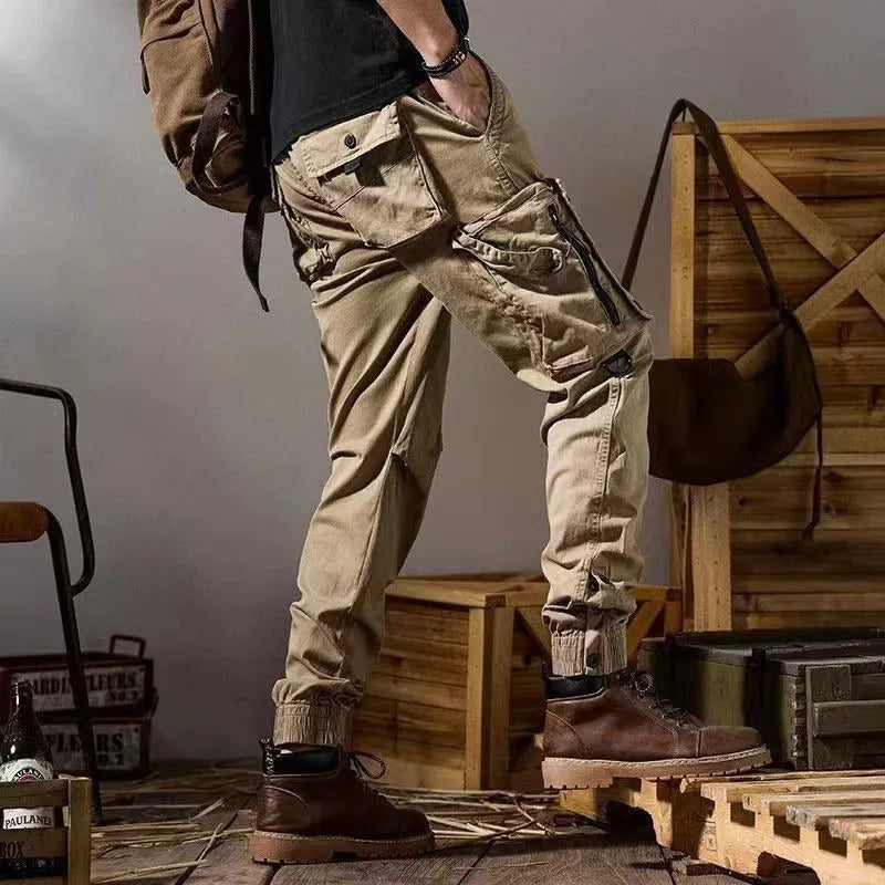 Men's straight leg American workwear trousers in solid colour, cotton blend fabric, with drawstring fly, summer casual style