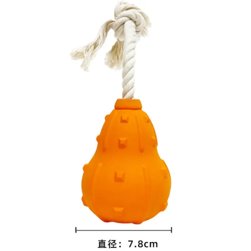 Durable natural rubber dog toy for small medium breeds, shown with a longer strap for fetch.