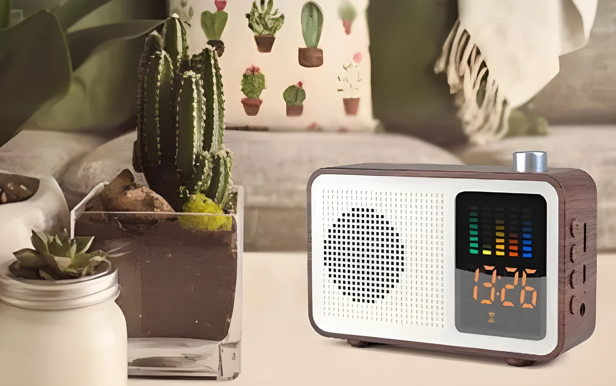 Brown wood grain retro Bluetooth speaker radio with AM/FM reception and portable design