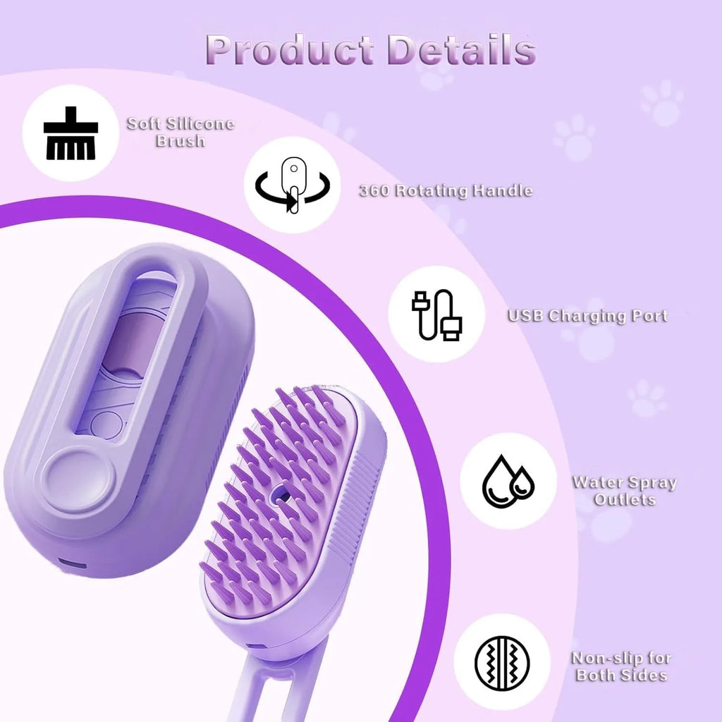 3-in-1 cat steam brush with foldable handle, soft silicone bristles, and spray button for pet grooming