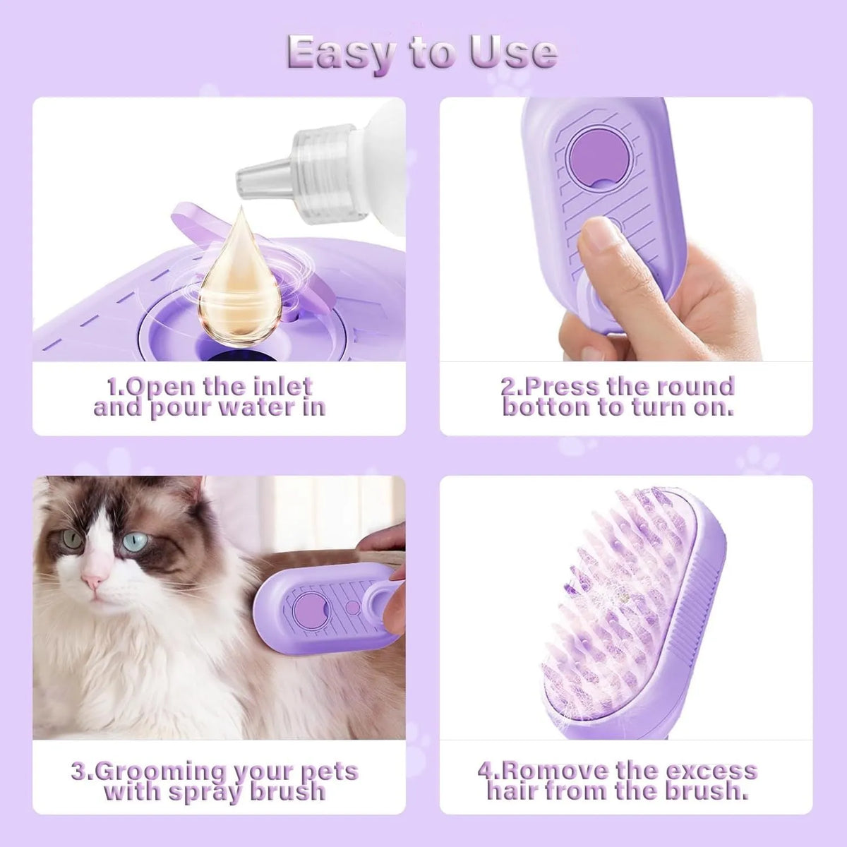3-in-1 cat steam brush with foldable handle, soft silicone bristles, and spray button for pet grooming