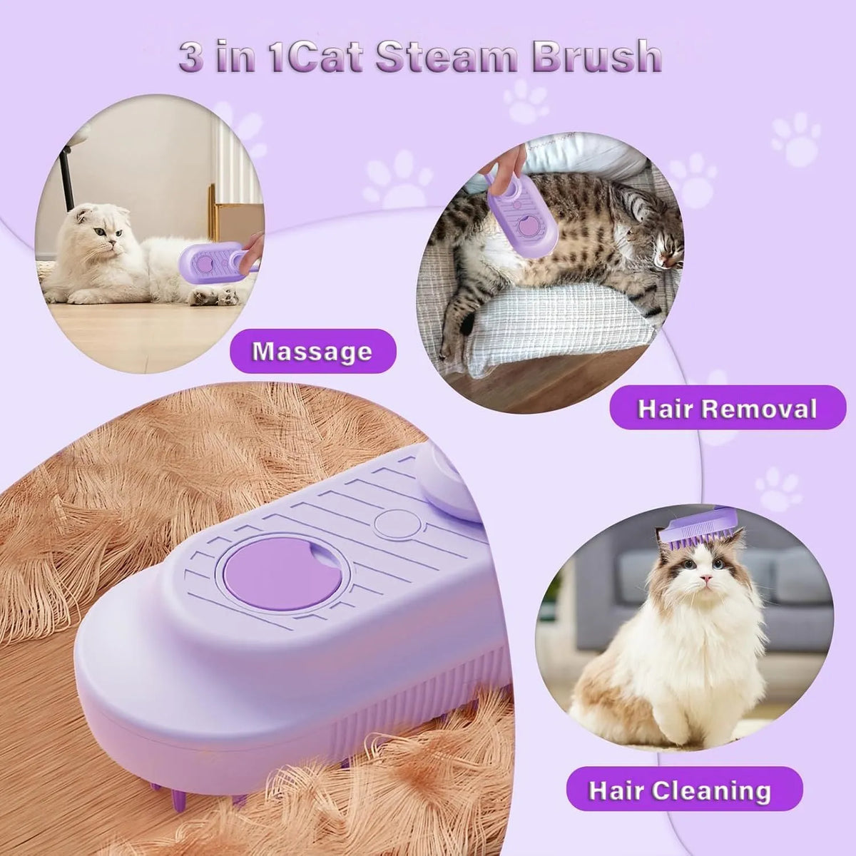 3-in-1 cat steam brush with foldable handle, soft silicone bristles, and spray button for pet grooming