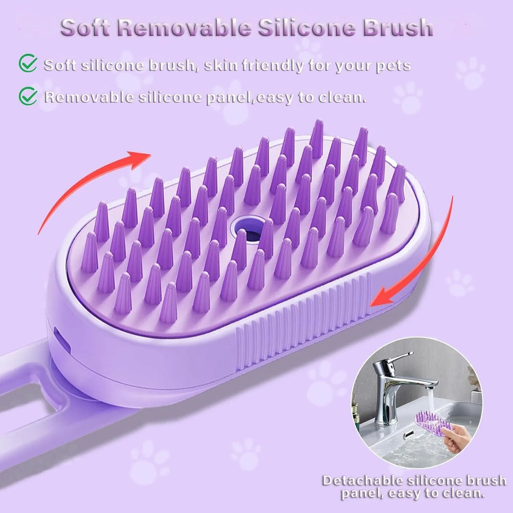 3-in-1 cat steam brush with foldable handle, soft silicone bristles, and spray button for pet grooming