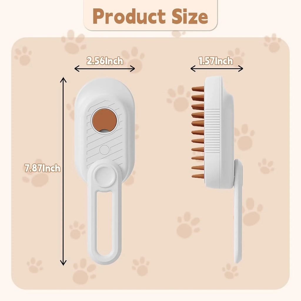 3-in-1 cat steam brush with foldable handle, soft silicone bristles, and spray button for pet grooming