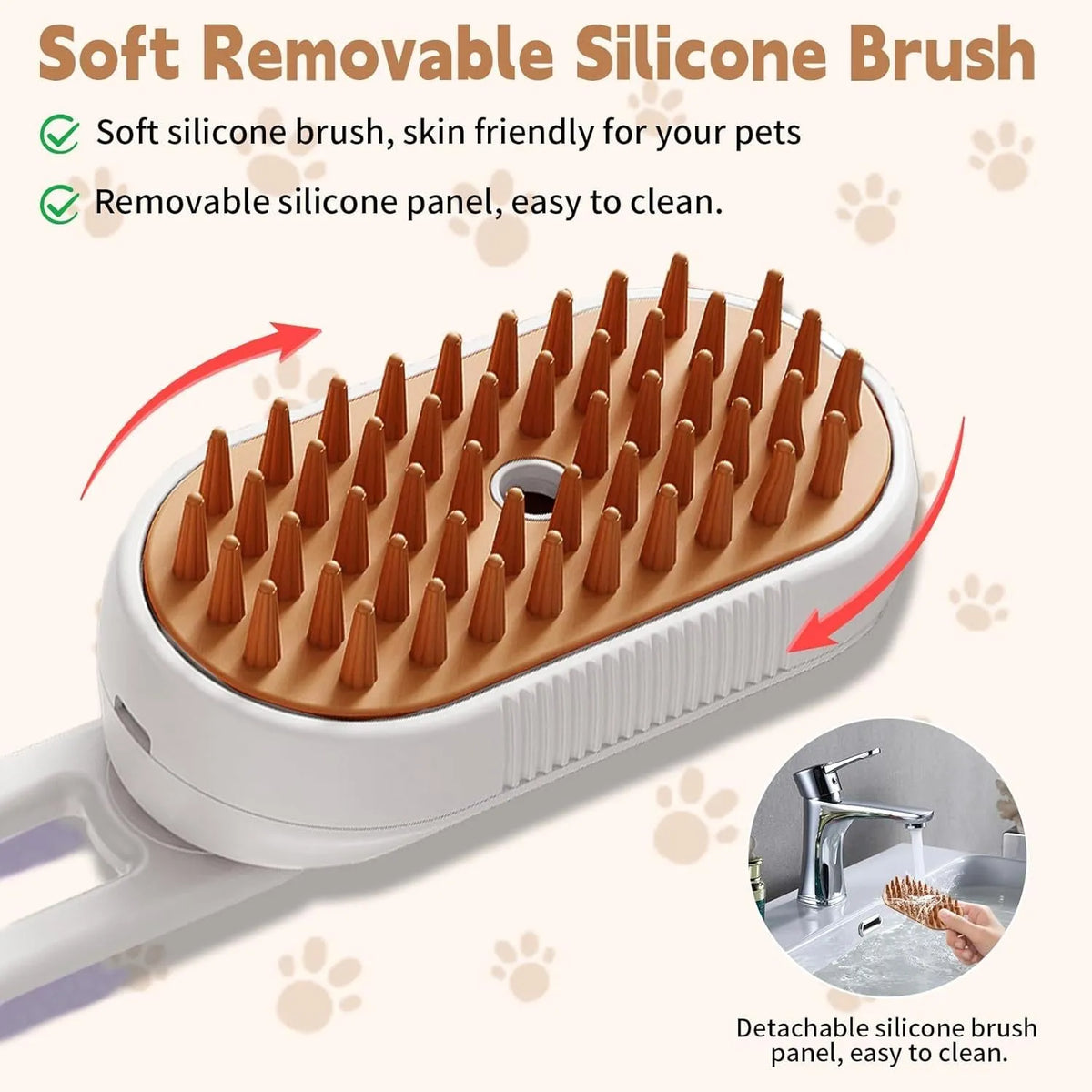 3-in-1 cat steam brush with foldable handle, soft silicone bristles, and spray button for pet grooming